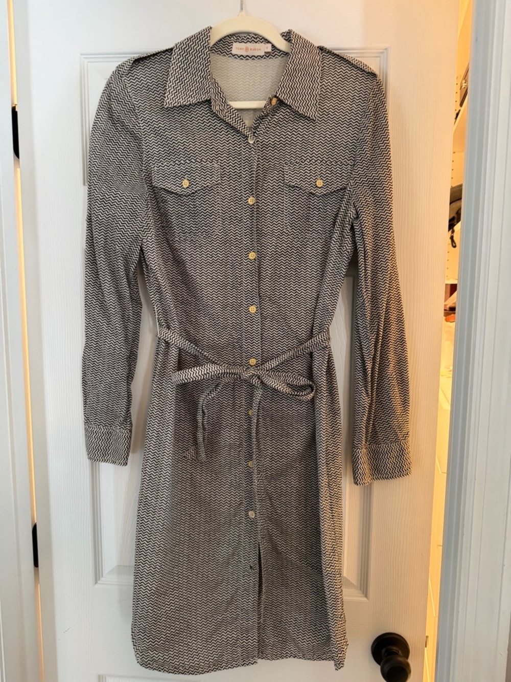 Tory Burch Black and White Long-Sleeve Shirt Dress